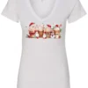 white starbucks lover v-neck tshirt featuring four colorful frappuccino cups and three snowman