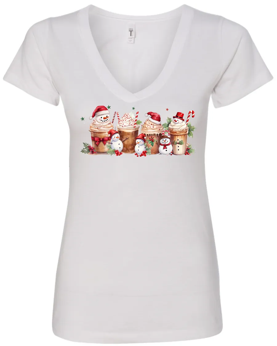 white starbucks lover v-neck tshirt featuring four colorful frappuccino cups and three snowman