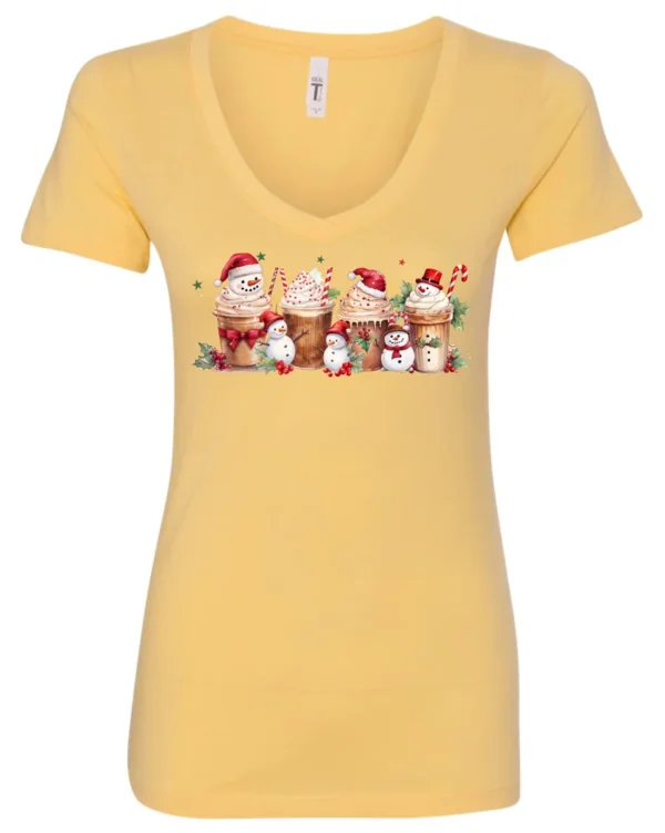 yellow starbucks lover v-neck tshirt featuring four colorful frappuccino cups and three snowman