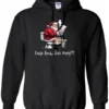 black Christmas humor hoodie featuring santa claus sitting on the toilet, reading the newspaper and smoking a cigarette, and it says cookie break gone wrong