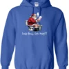 blue Christmas humor hoodie featuring santa claus sitting on the toilet, reading the newspaper and smoking a cigarette, and it says cookie break gone wrong