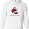 white Christmas humor hoodie featuring santa claus sitting on the toilet, reading the newspaper and smoking a cigarette, and it says cookie break gone wrong
