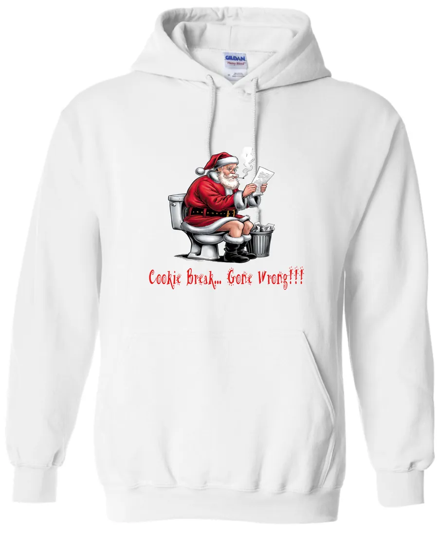white Christmas humor hoodie featuring santa claus sitting on the toilet, reading the newspaper and smoking a cigarette, and it says cookie break gone wrong