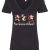 black naughty santa v-neck tshirt featuring three drunk santa claus running that says pour decisions with santa