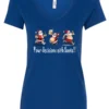 blue naughty santa v-neck tshirt featuring three drunk santa claus running that says pour decisions with santa