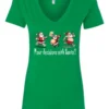 green naughty santa v-neck tshirt featuring three drunk santa claus running that says pour decisions with santa