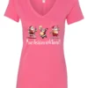pink naughty santa v-neck tshirt featuring three drunk santa claus running that says pour decisions with santa