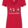 red naughty santa v-neck tshirt featuring three drunk santa claus running that says pour decisions with santa