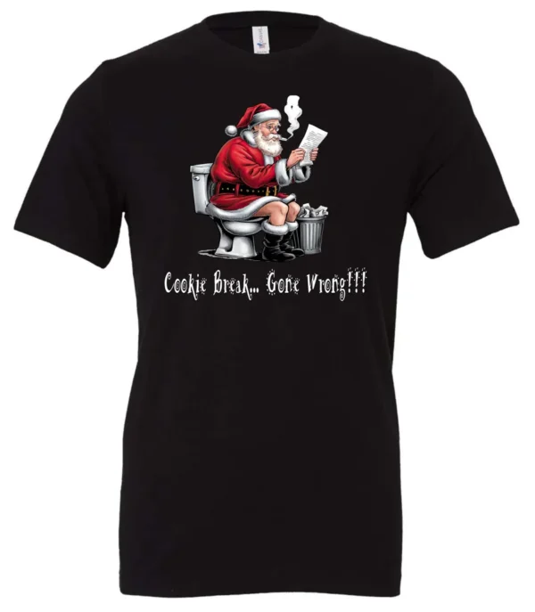 black Christmas humor t-shirt featuring santa claus sitting on the toilet, reading the newspaper and smoking a cigarette, and it says cookie break gone wrong