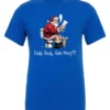 blue Christmas humor t-shirt featuring santa claus sitting on the toilet, reading the newspaper and smoking a cigarette, and it says cookie break gone wrong