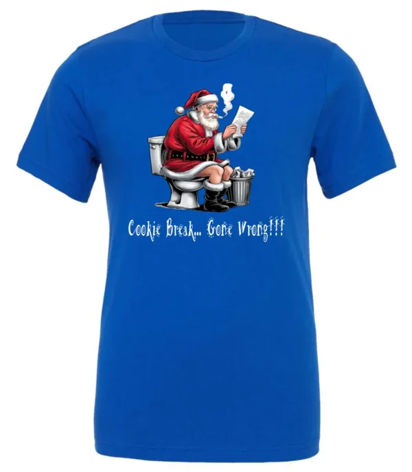 blue Christmas humor t-shirt featuring santa claus sitting on the toilet, reading the newspaper and smoking a cigarette, and it says cookie break gone wrong