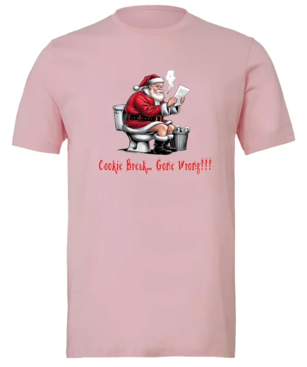 pink Christmas humor t-shirt featuring santa claus sitting on the toilet, reading the newspaper and smoking a cigarette, and it says cookie break gone wrong
