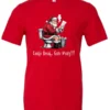 red Christmas humor t-shirt featuring santa claus sitting on the toilet, reading the newspaper and smoking a cigarette, and it says cookie break gone wrong