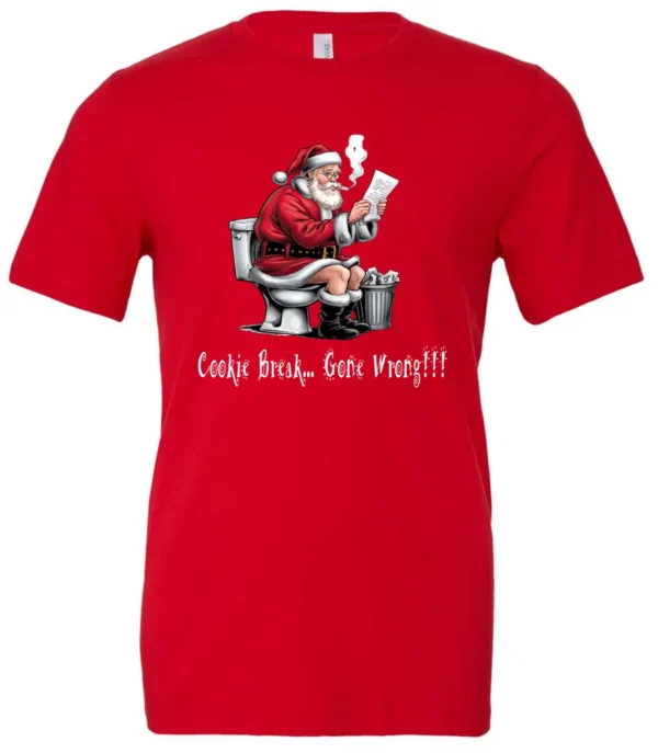 red Christmas humor t-shirt featuring santa claus sitting on the toilet, reading the newspaper and smoking a cigarette, and it says cookie break gone wrong