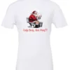 white Christmas humor t-shirt featuring santa claus sitting on the toilet, reading the newspaper and smoking a cigarette, and it says cookie break gone wrong