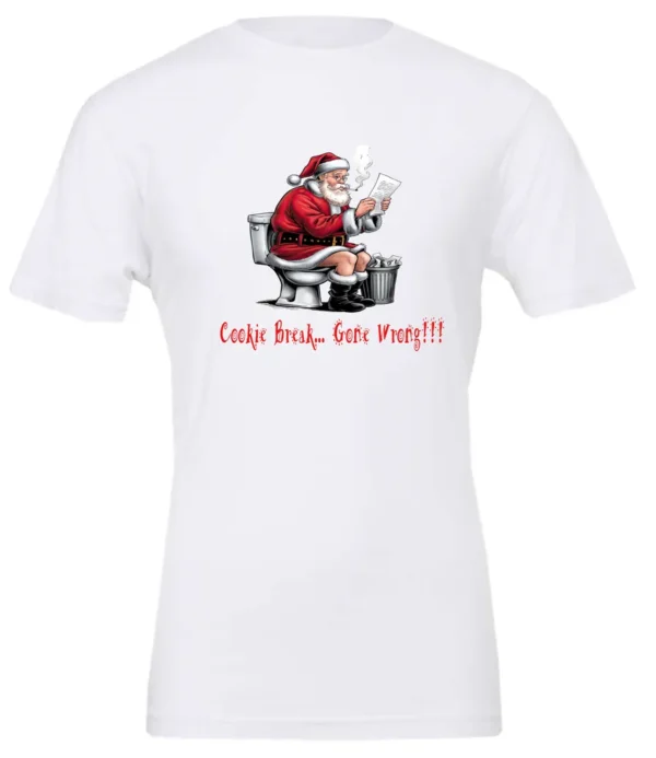 white Christmas humor t-shirt featuring santa claus sitting on the toilet, reading the newspaper and smoking a cigarette, and it says cookie break gone wrong