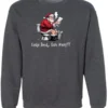 gray Christmas humor sweatshirt featuring santa claus sitting on the toilet, reading the newspaper and smoking a cigarette, and it says cookie break gone wrong