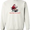white Christmas humor sweatshirt featuring santa claus sitting on the toilet, reading the newspaper and smoking a cigarette, and it says cookie break gone wrong