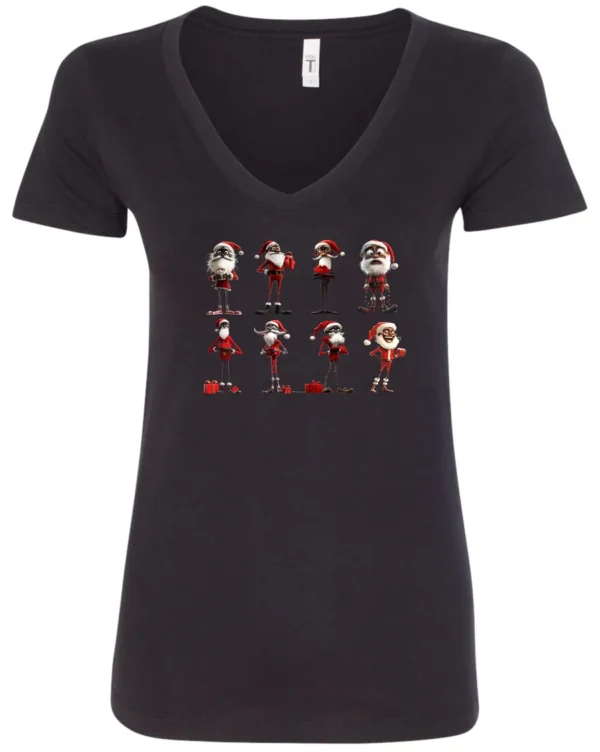 black funny christmas v-neck tshirt featuring eight different skinny black santa claus