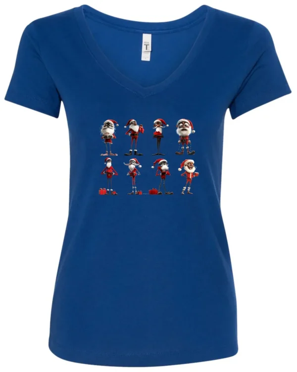 blue funny christmas v-neck tshirt featuring eight different skinny black santa claus