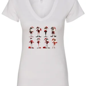 white funny christmas v-neck tshirt featuring eight different skinny black santa claus