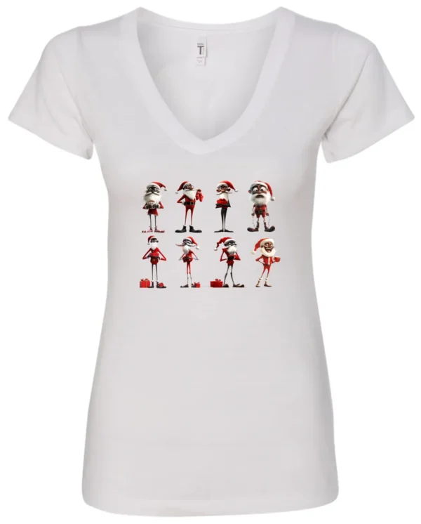 white funny christmas v-neck tshirt featuring eight different skinny black santa claus