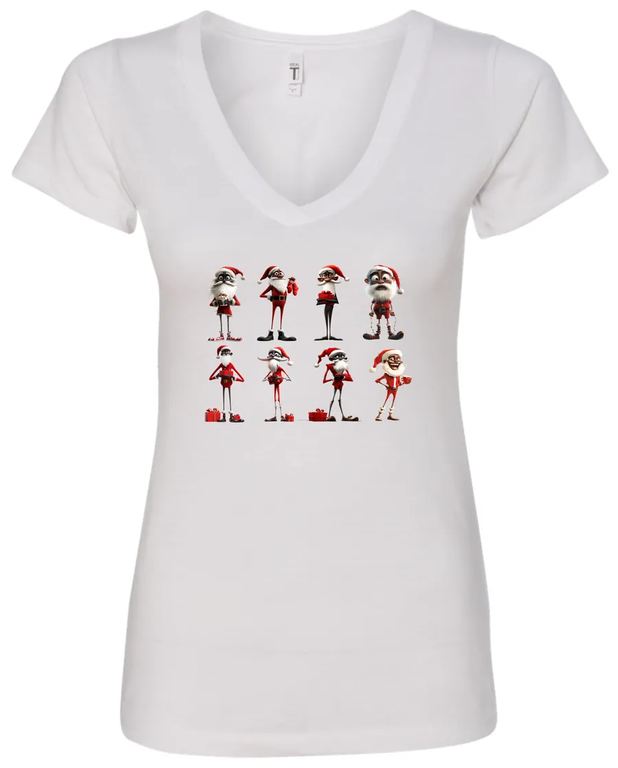 white funny christmas v-neck tshirt featuring eight different skinny black santa claus