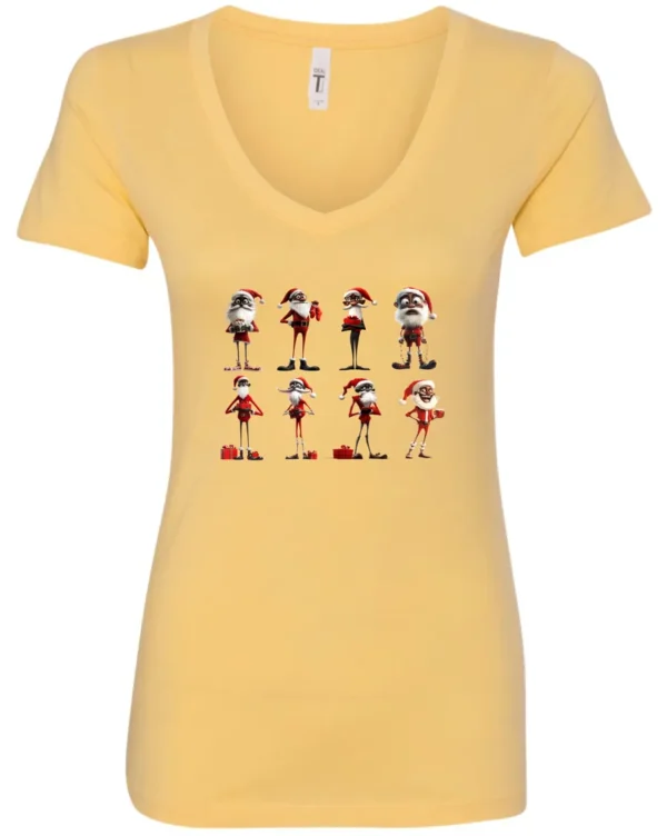 yellow funny christmas v-neck tshirt featuring eight different skinny black santa claus