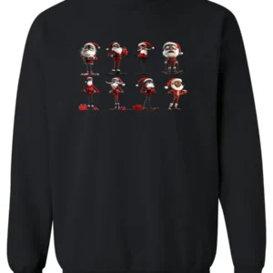black funny christmas sweatshirt featuring eight different skinny black santa claus