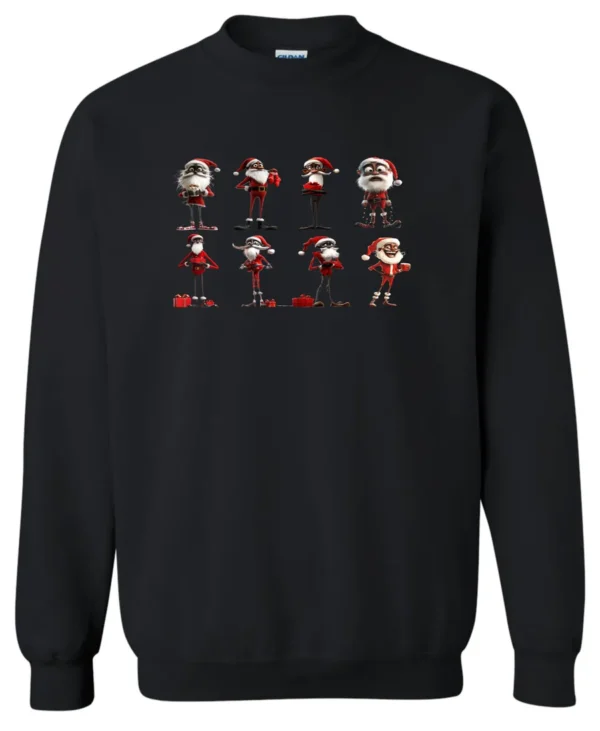 black funny christmas sweatshirt featuring eight different skinny black santa claus