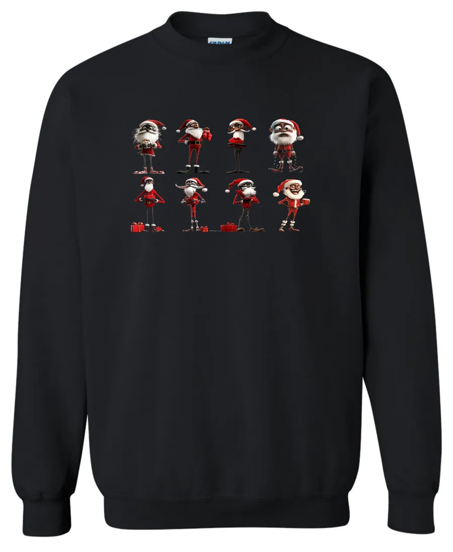 black funny christmas sweatshirt featuring eight different skinny black santa claus