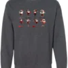 gray funny christmas sweatshirt featuring eight different skinny black santa claus