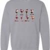 silver funny christmas sweatshirt featuring eight different skinny black santa claus