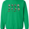 green funny christmas sweatshirt featuring eight different skinny black santa claus