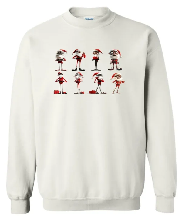 white funny christmas sweatshirt featuring eight different skinny black santa claus