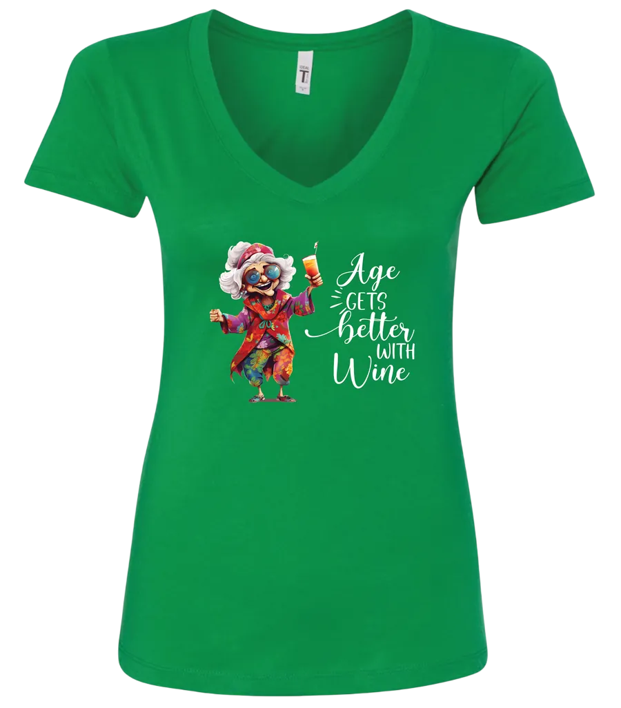 green funny wine v-neck tshirt featuring a happy old hippie woman with funny glasses holding a cocktail and it says age gets better with wine
