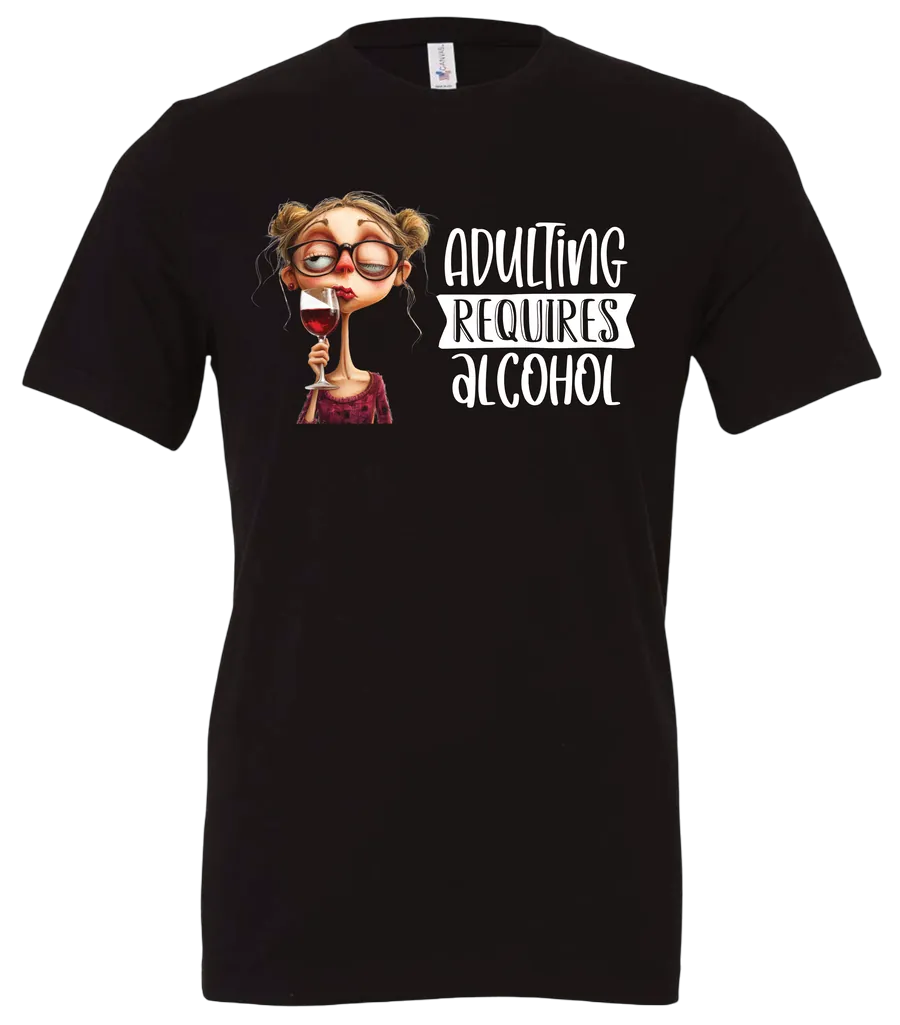 black wine t-shirt featuring a young drunk woman wearing glasses holding a glass of wine and it says adulting requires alcohol