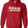 red starbucks lover hoodie featuring four colorful frappuccino cups and three snowman