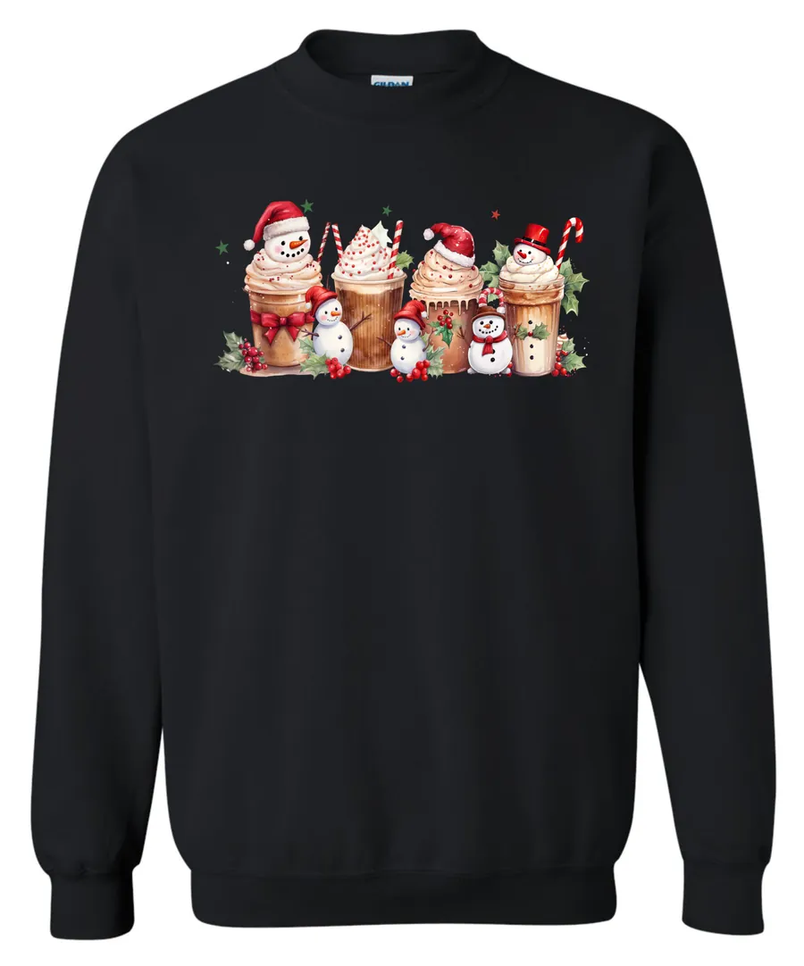 black starbucks lover sweatshirt featuring four colorful frappuccino cups and three snowman