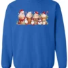 blue starbucks lover sweatshirt featuring four colorful frappuccino cups and three snowman