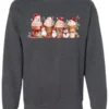 gray starbucks lover sweatshirt featuring four colorful frappuccino cups and three snowman