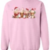 pink starbucks lover sweatshirt featuring four colorful frappuccino cups and three snowman