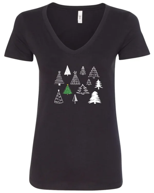 black christmas v-neck tshirt featuring twelve different christmas trees