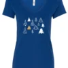 blue christmas v-neck tshirt featuring twelve different christmas trees