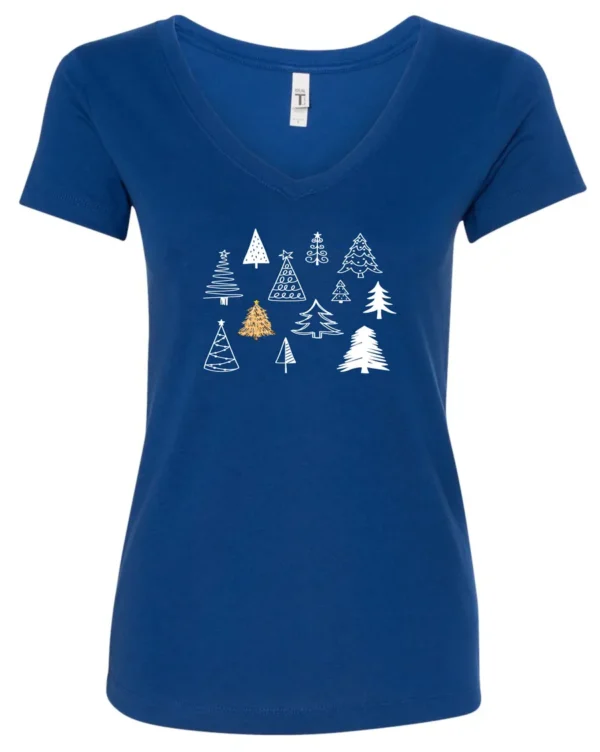 blue christmas v-neck tshirt featuring twelve different christmas trees