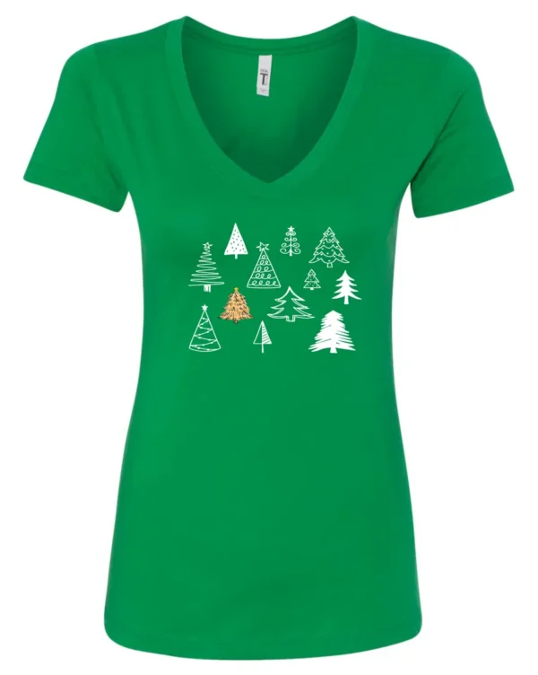 green christmas v-neck tshirt featuring twelve different christmas trees