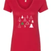 red christmas v-neck tshirt featuring twelve different christmas trees