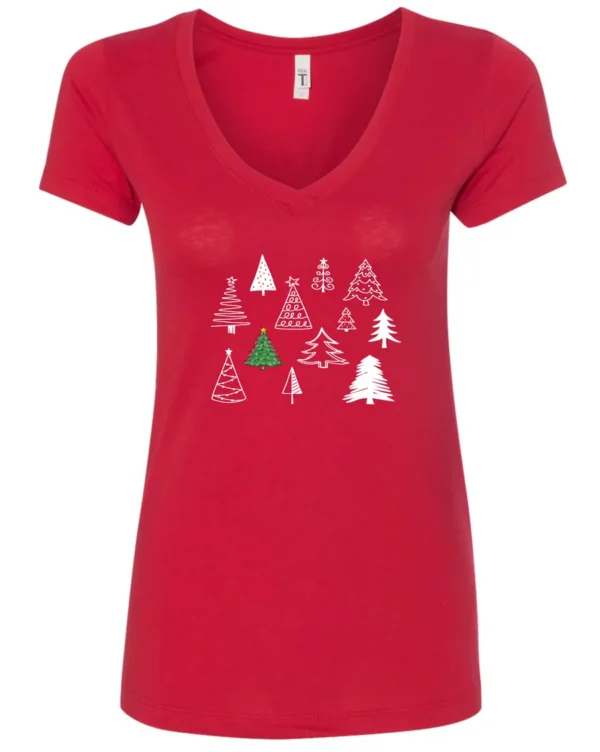 red christmas v-neck tshirt featuring twelve different christmas trees