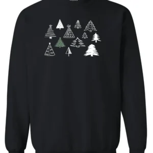 black christmas sweatshirt featuring twelve different christmas trees