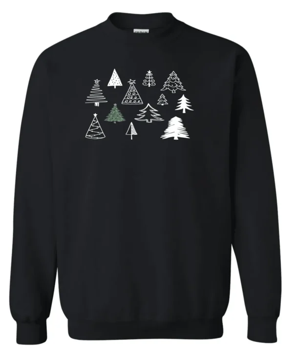 black christmas sweatshirt featuring twelve different christmas trees